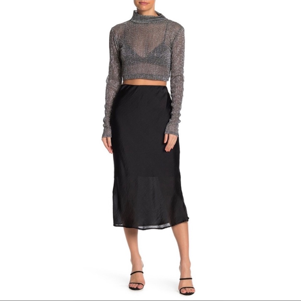 Forgotten Grace Silky Satin Midi Black Skirt